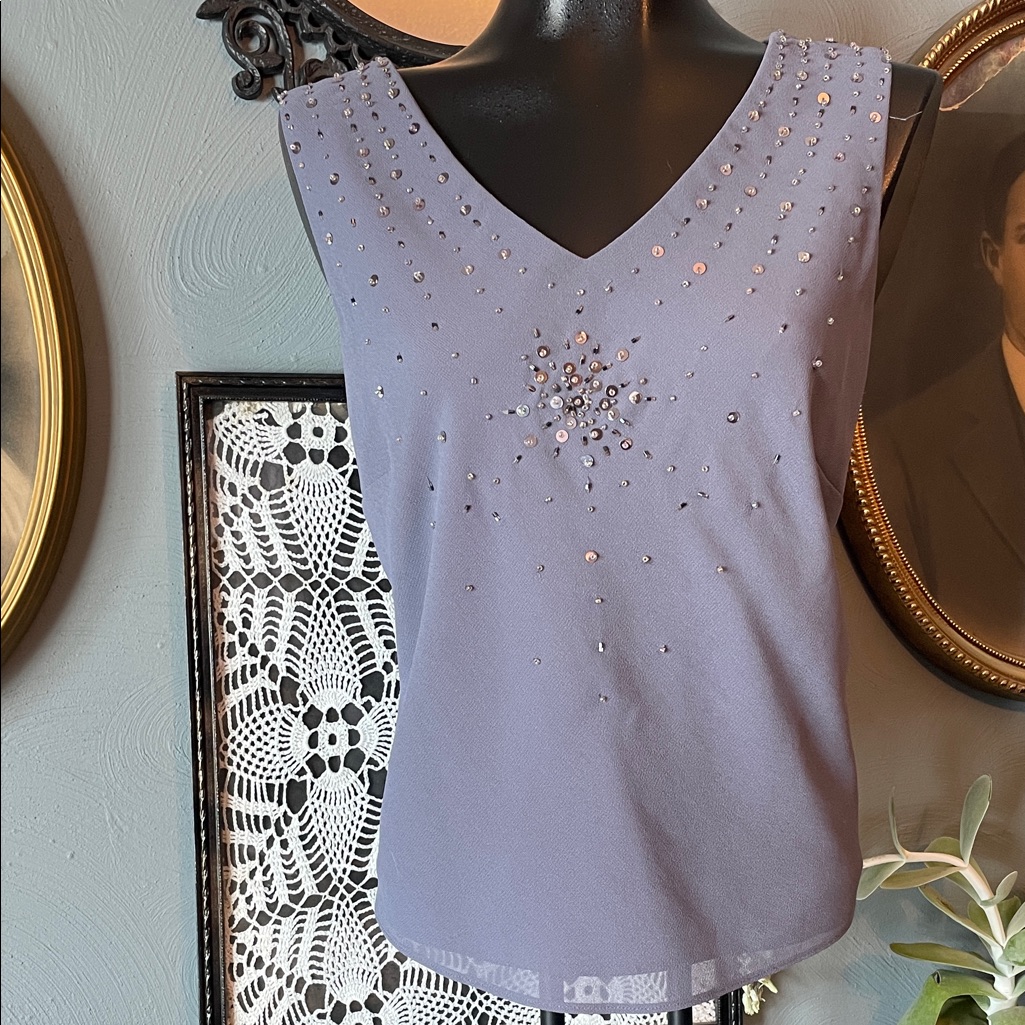 R&M Richards Lavender Embellished V-Neck Blouse
